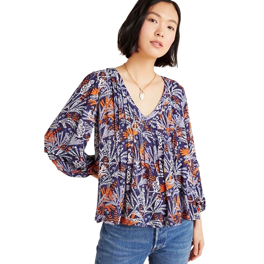 ANTHROPOLOGIE MAEVE Women’s Boho Cathy Blue Jungle Print Pleated Top
